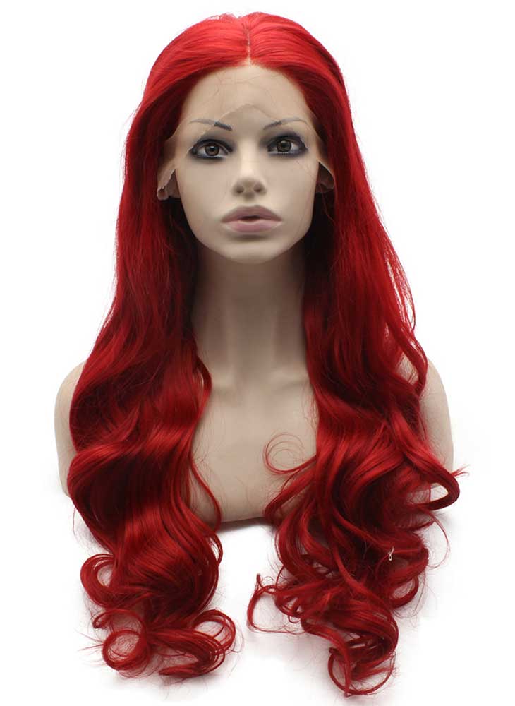 Long Wavy Hand Tied Lace Front Synthetic Hair Red Party Wig