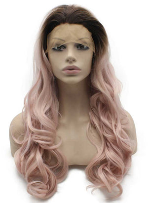 Long Wavy Dark Root Heat Safer Fiber Ombre Pink Lace Front Wig