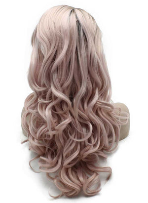 Long Wavy Dark Root Heat Safer Fiber Ombre Pink Lace Front Wig