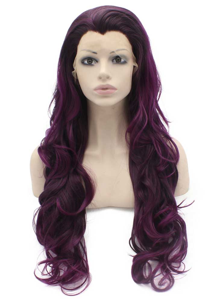 Long Wavy Purple Highlight Brown Synthetic Lace Front Wig Natural