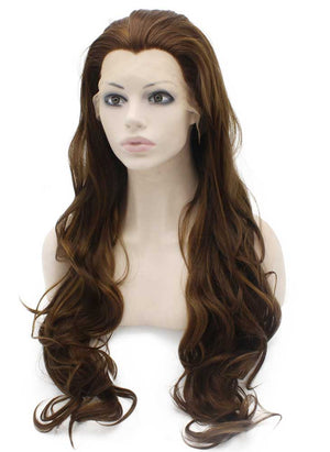 Long Natural Wavy Highlight Brown Synthetic Lace Front Wig