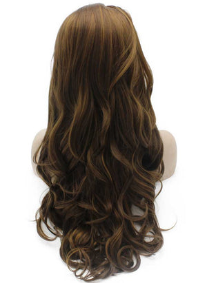 Long Natural Wavy Highlight Brown Synthetic Lace Front Wig