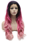 Long Wavy Two Tone Pink Heat Resistant Fiber Hair Lace Front Wig Ombre