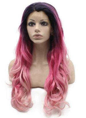 Long Wavy Two Tone Pink Heat Resistant Fiber Hair Lace Front Wig Ombre