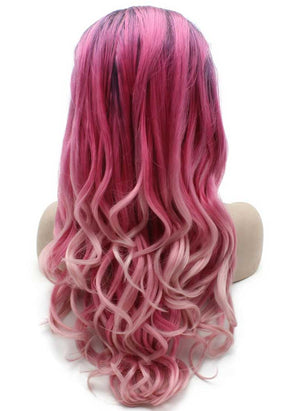 Long Wavy Two Tone Pink Heat Resistant Fiber Hair Lace Front Wig Ombre