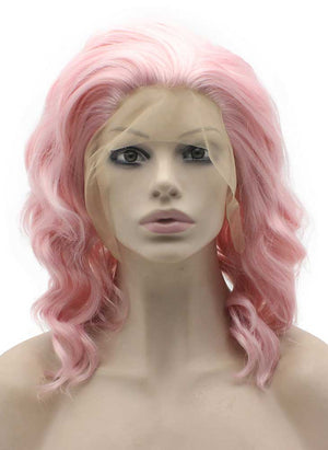 Shoulder Length Stylish Hand Tied Lace Front Synthetic Hair Pink Party Wig