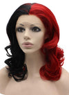 Medium Length Wavy Half Black Red Two Tone Lace Front Wig Synthetic