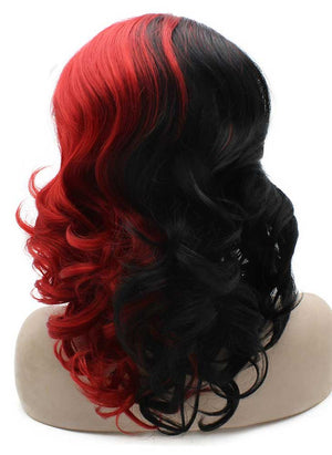 Medium Length Wavy Half Black Red Two Tone Lace Front Wig Synthetic