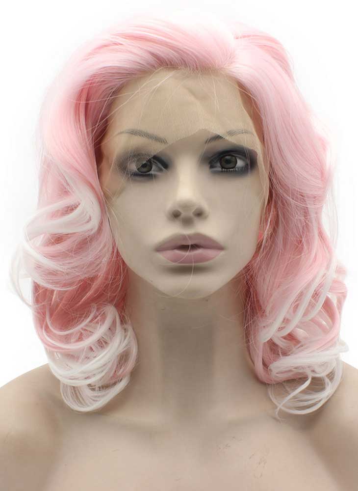 Shoulder Length Wavy White Tip Pink Swiss Lace Front Wig Synthetic