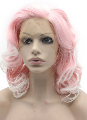 Shoulder Length Wavy White Tip Pink Swiss Lace Front Wig Synthetic