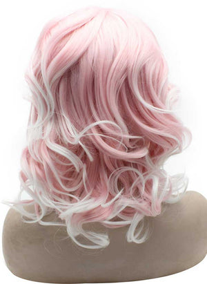 Shoulder Length Wavy White Tip Pink Swiss Lace Front Wig Synthetic