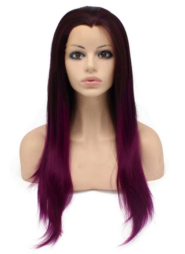 Long Straight Two Tone Ombre Brown Purple Synthetic Lace Front Wig