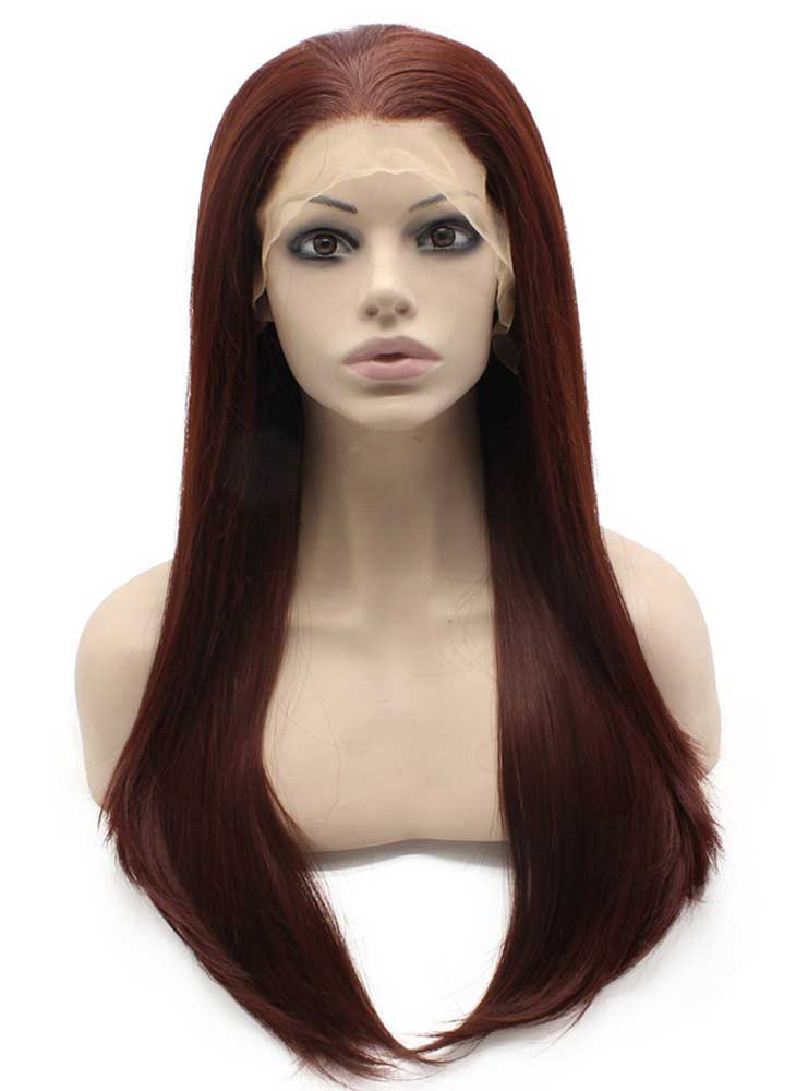 Long Straight Dark Wine Red Natural Swiss Lace Front Wig Synthetic Heat Resistant