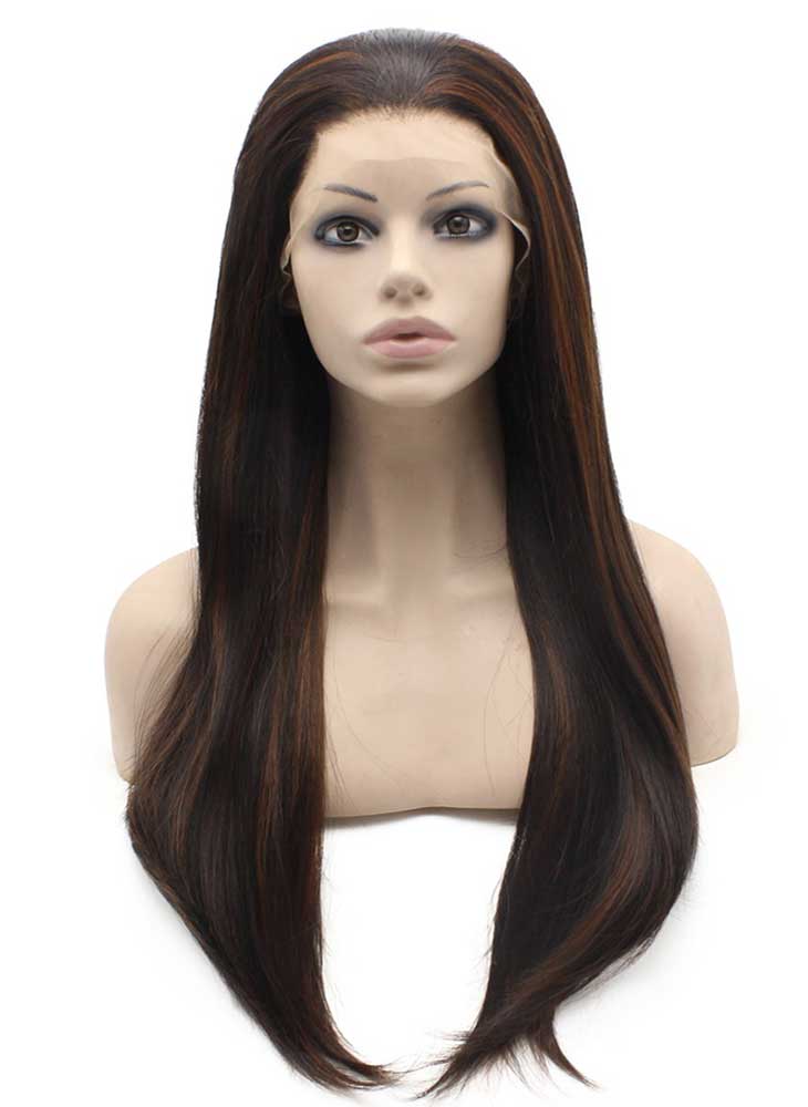 Long Straight Brown Hightlight Natural Hand Tied Swiss Lace Front Wig Synthetic