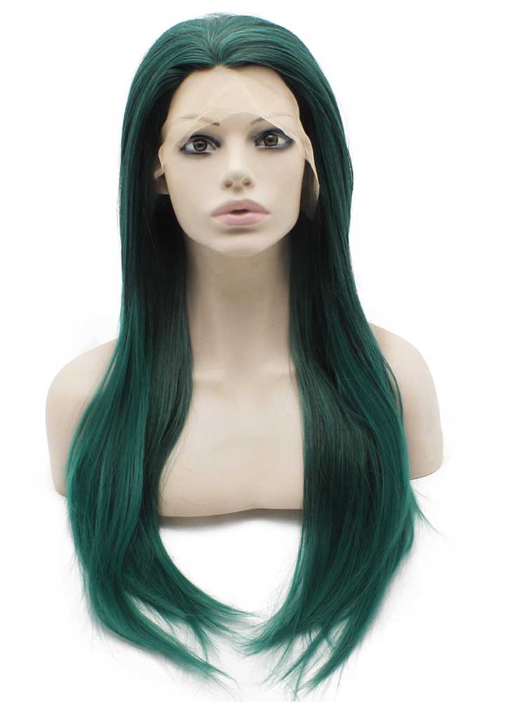 Long Straight Dark Green Two Tone Ombre Lace Front Synthetic Wig