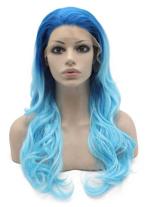 Long Wavy Two Tone Blue Heat Safe Fiber Lace Front Ombre Party Wig