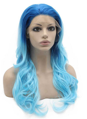 Long Wavy Two Tone Blue Heat Safe Fiber Lace Front Ombre Party Wig