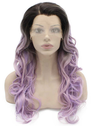 Long Wavy Dark Root Ombre Purple Tone Lace Front Wig Natural