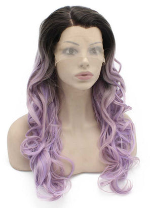 Long Wavy Dark Root Ombre Purple Tone Lace Front Wig Natural