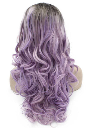 Long Wavy Dark Root Ombre Purple Tone Lace Front Wig Natural