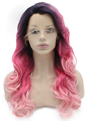 Long Wavy Dark Root Two Tone Pink Synthetic Lace Front Ombre Wig Natural