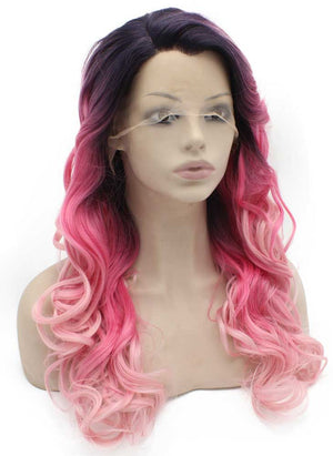 Long Wavy Dark Root Two Tone Pink Synthetic Lace Front Ombre Wig Natural