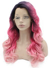 Long Wavy Dark Root Two Tone Pink Synthetic Lace Front Ombre Wig Natural