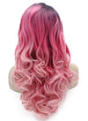 Long Wavy Dark Root Two Tone Pink Synthetic Lace Front Ombre Wig Natural