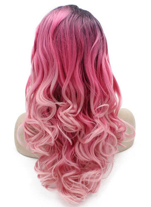 Long Wavy Dark Root Two Tone Pink Synthetic Lace Front Ombre Wig Natural