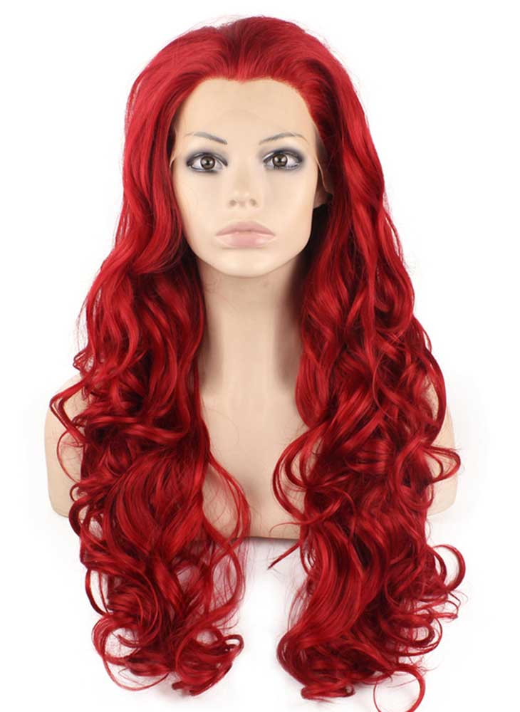 Long Wavy Red Hand Tied Lace Front Cosplay Party Wig