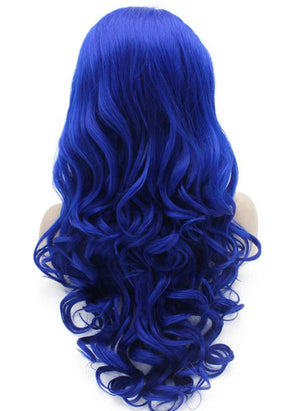 Long Wavy Hand Tied Synthetic Lace Front Blue Cosplay Party Wig