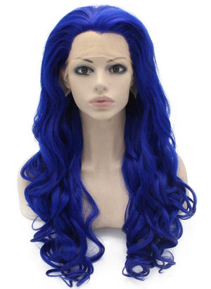 Long Wavy Hand Tied Synthetic Lace Front Blue Cosplay Party Wig