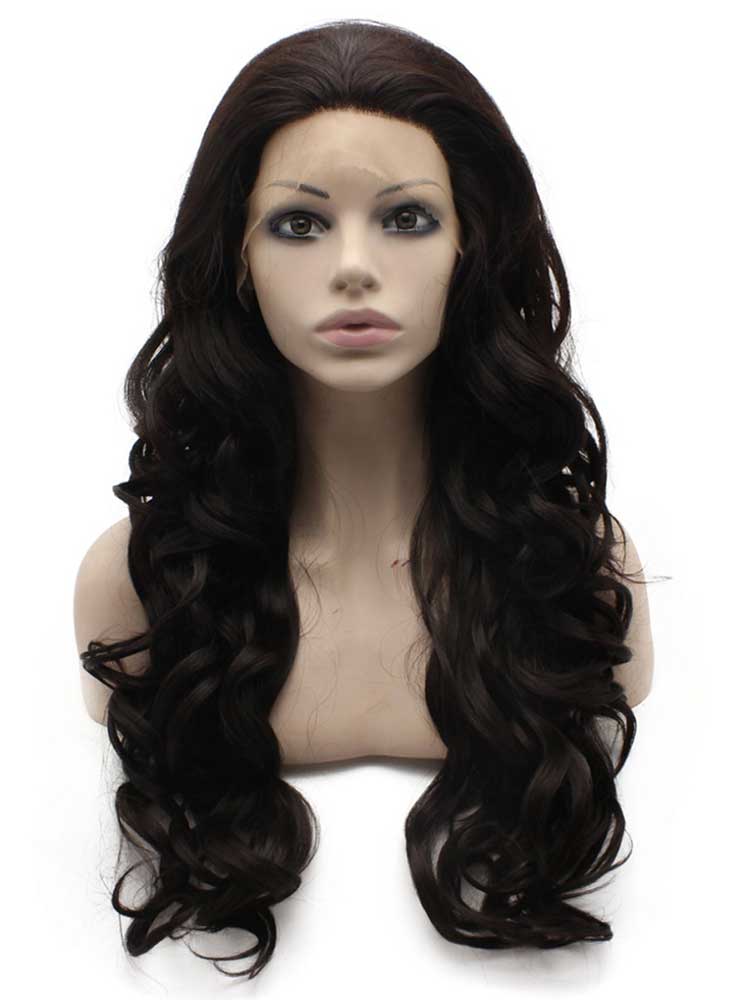 Long Wavy Dark Brown Swiss Lace Front Wig Synthetic Heat Resistant