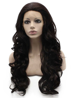 Long Wavy Dark Brown Swiss Lace Front Wig Synthetic Heat Resistant