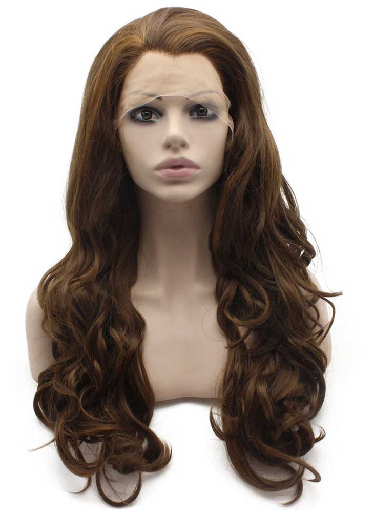 Long Wavy Highlight Brown Natural Lace Front Wig Synthetic