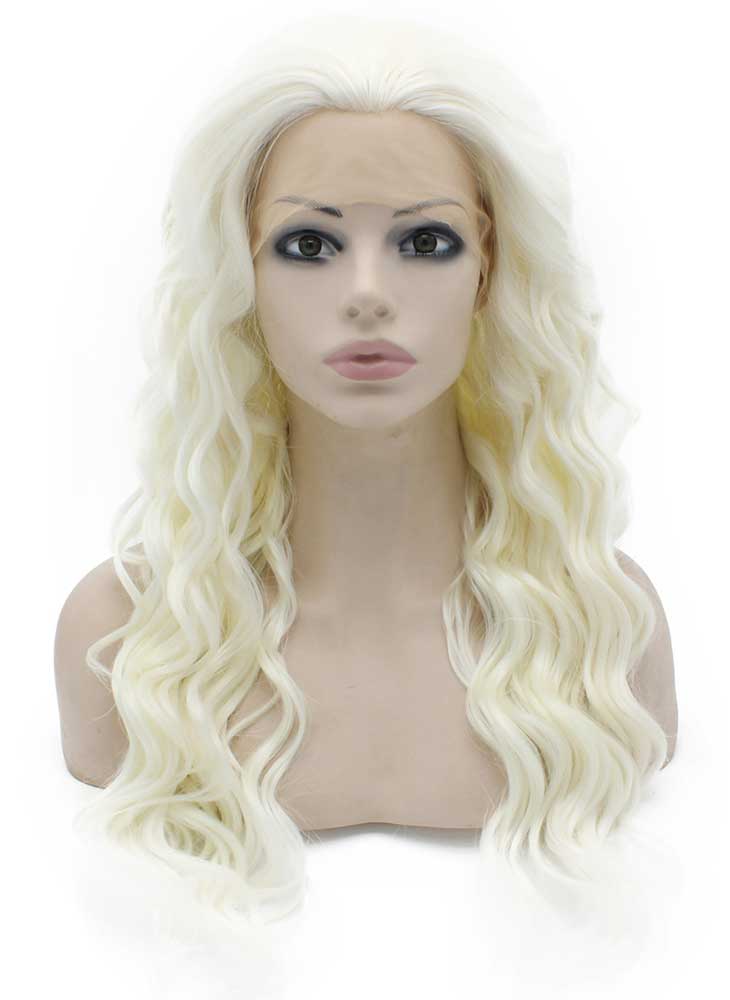 Long Wavy Silver White Blonde Synthetic Hair Lace Front Wig