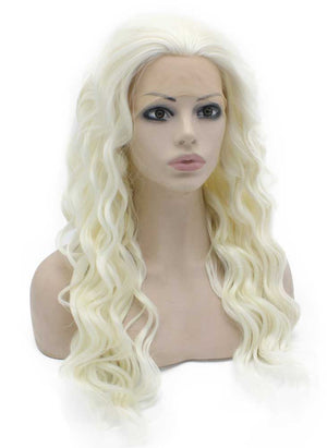 Long Wavy Silver White Blonde Synthetic Hair Lace Front Wig