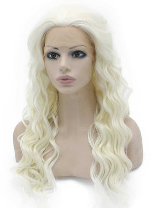 Long Wavy Silver White Blonde Synthetic Hair Lace Front Wig