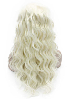 Long Wavy Silver White Blonde Synthetic Hair Lace Front Wig