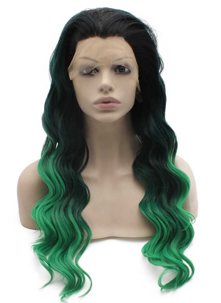 Long Wavy Hand Tied Lace Front Ombre Black Green Two Tone Wig