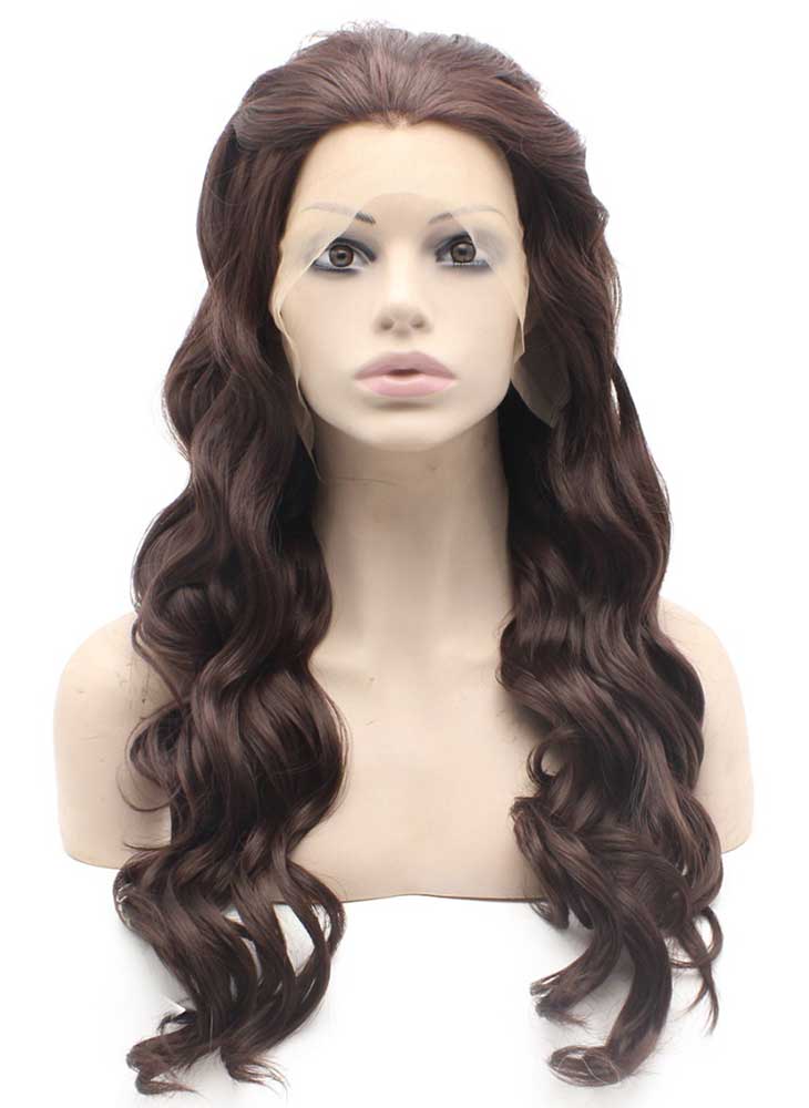 Long Wavy Dark Auburn Heat Friendly Fiber Hair Lace Front Wig Natural