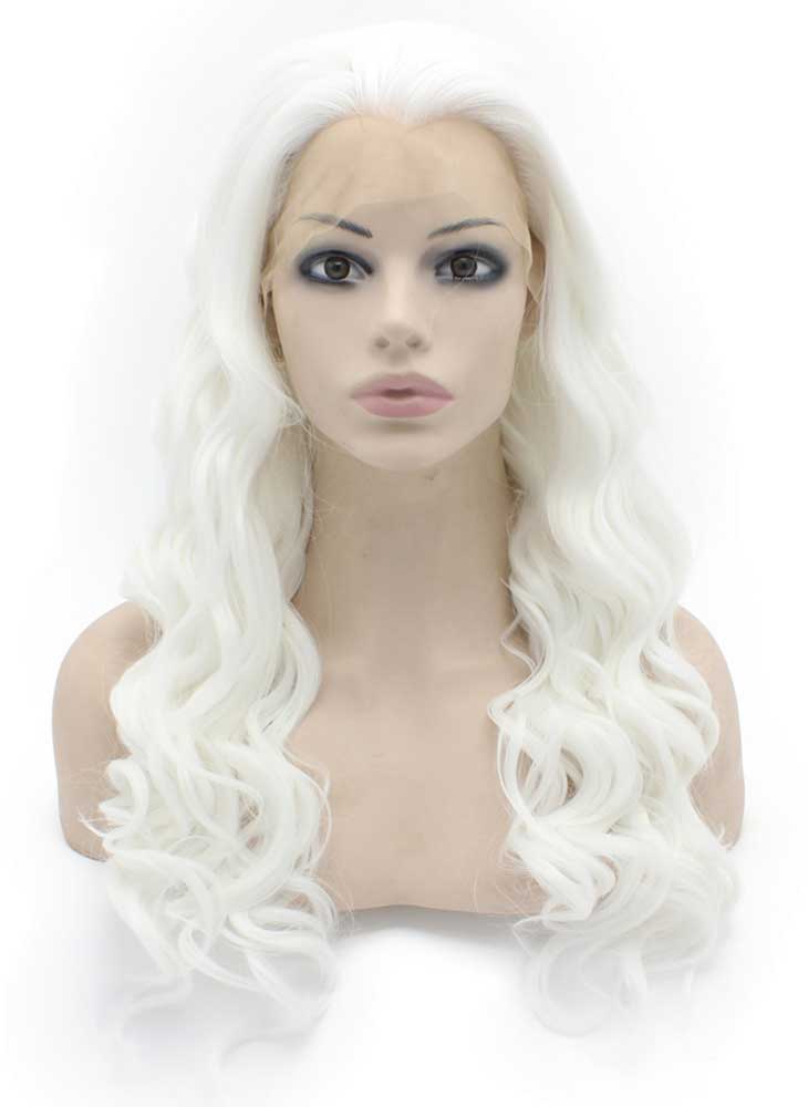 Long Wavy White Heat Friendly Fiber Hair Lace Front Party Wig