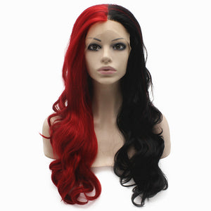 Long Wavy Half Red Black Two Tone Synthetic Lace Front Party Wig - EAZAZYWIG