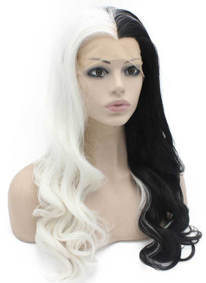 Long Wavy Half White Black Two Tone Synthetic Lace Front Party Wig