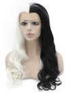 Long Wavy Half White Black Two Tone Synthetic Lace Front Party Wig