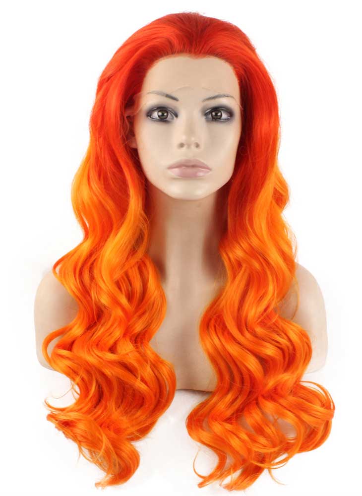 Long Wavy Hand Tied Lace Front Two Tone Orange Cosplay Party Wig