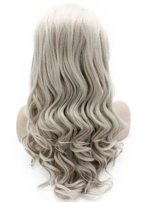 Long Wavy Gray Blonde Hand Tied Synthetic Hair Natural Lace Front Wig