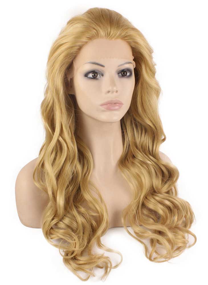 Long Wavy Ash Blonde Hand Tied Synthetic Hair Natural Lace Front Wig