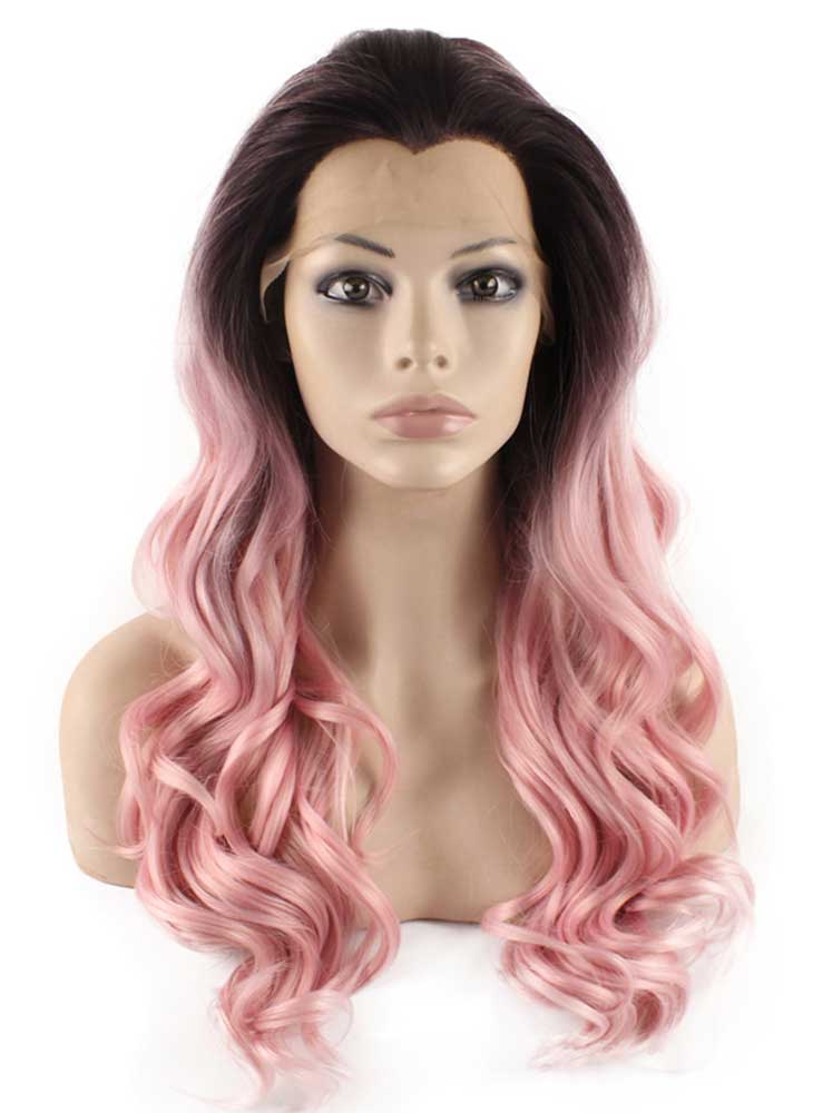 Long Wavy Hand Tied Lace Front Brown Pink Ombre Wavy Wig