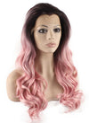 Long Wavy Hand Tied Lace Front Brown Pink Ombre Wavy Wig